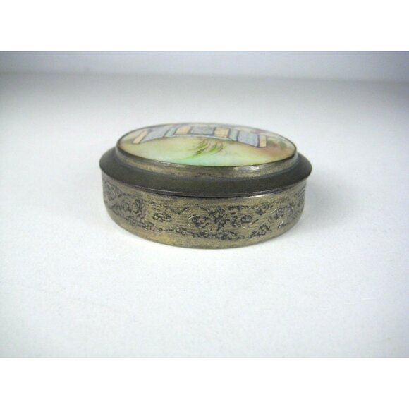 Vintage Hand Painted Asian Trinket Box Mirror Top Mother Of Pearl Silver Plated - Picture 7 of 15